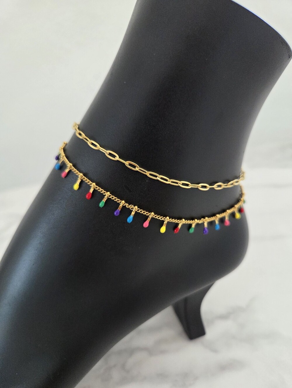 Multicolor Layered Dangle Anklet Colorful Bead Drop Double Chain Beach Jewelry - Picture 4 of 13